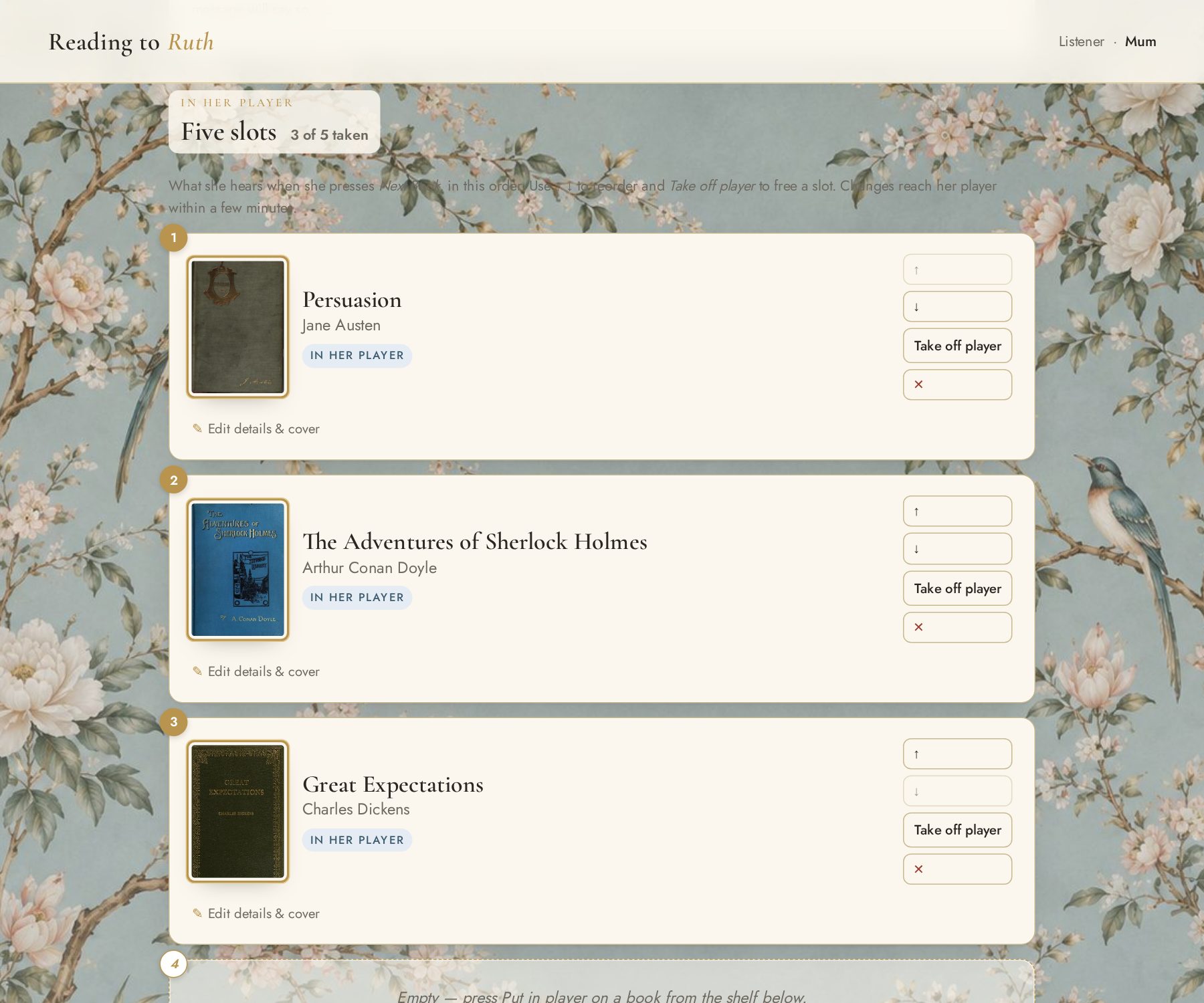 The family page: five numbered slots showing which books are in the player, with buttons to reorder or take a book off