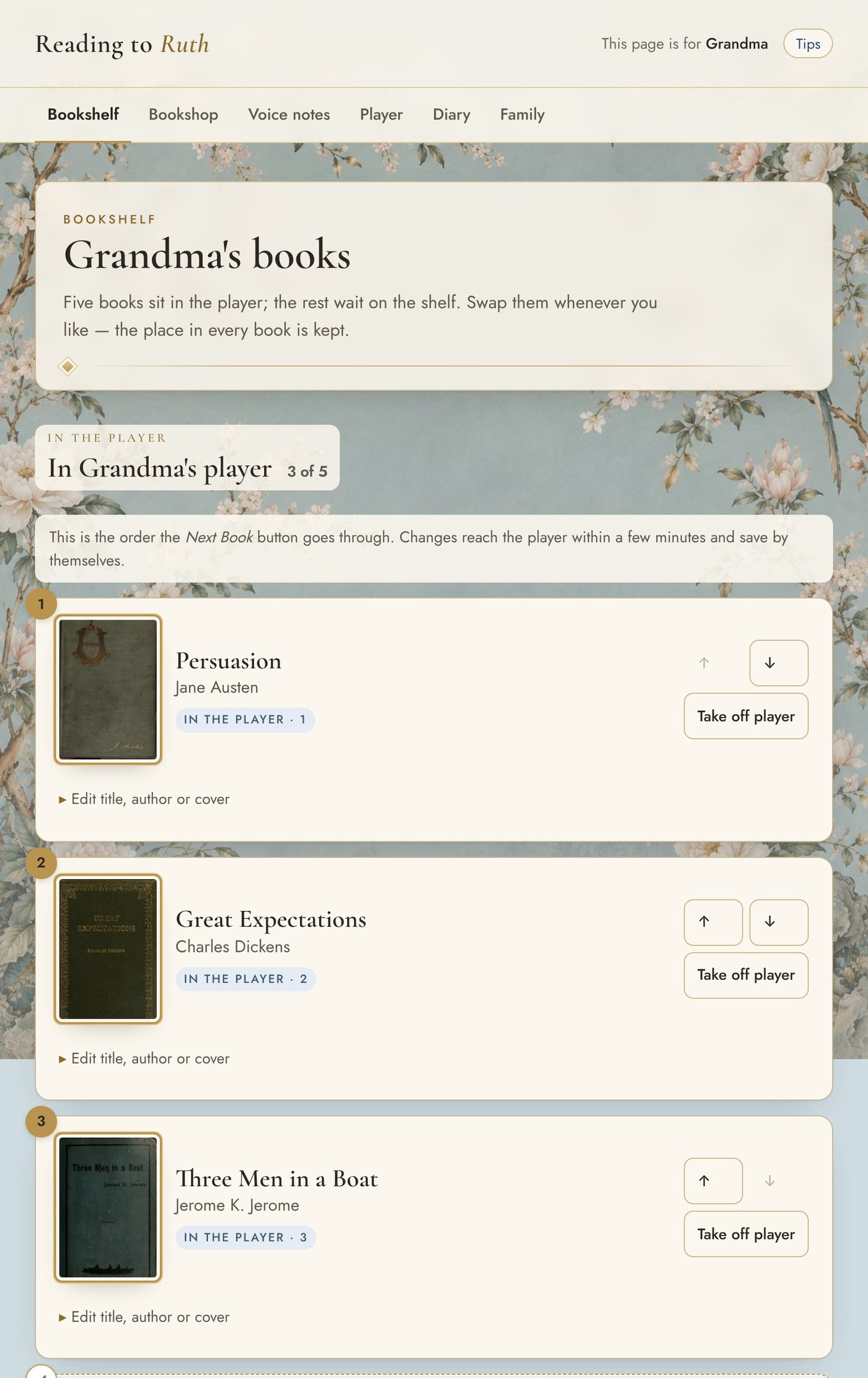 The Bookshelf tab of an example family page: Persuasion, Great Expectations and Three Men in a Boat in the player, each with buttons to reorder it or take it off