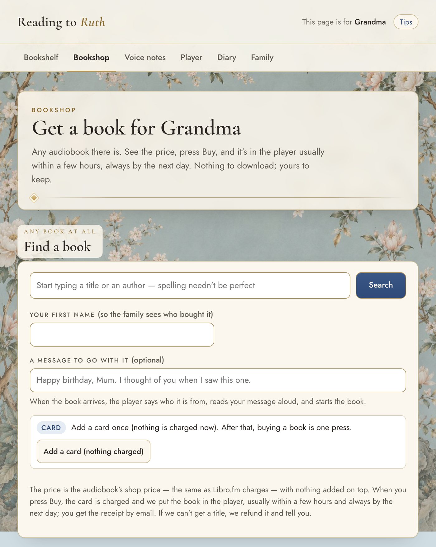 The Bookshop tab of an example family page: a search box for any audiobook, a box for your first name and an optional message to go with the book