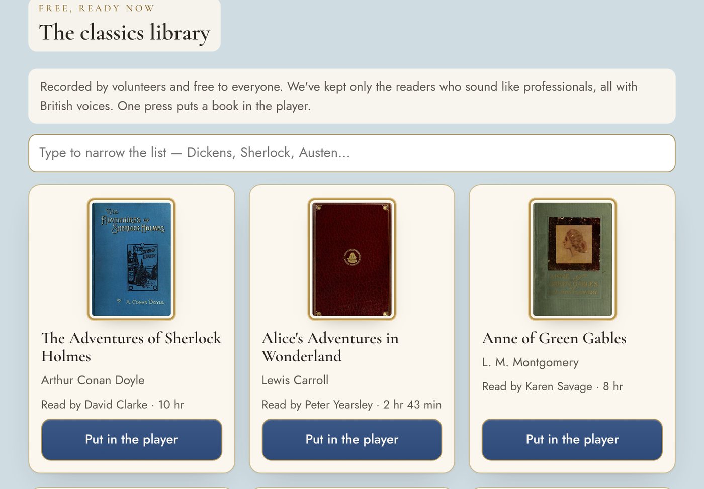 The classics library on an example family page: The Adventures of Sherlock Holmes, Alice's Adventures in Wonderland and Anne of Green Gables, each with its reader, its length and a Put in the player button