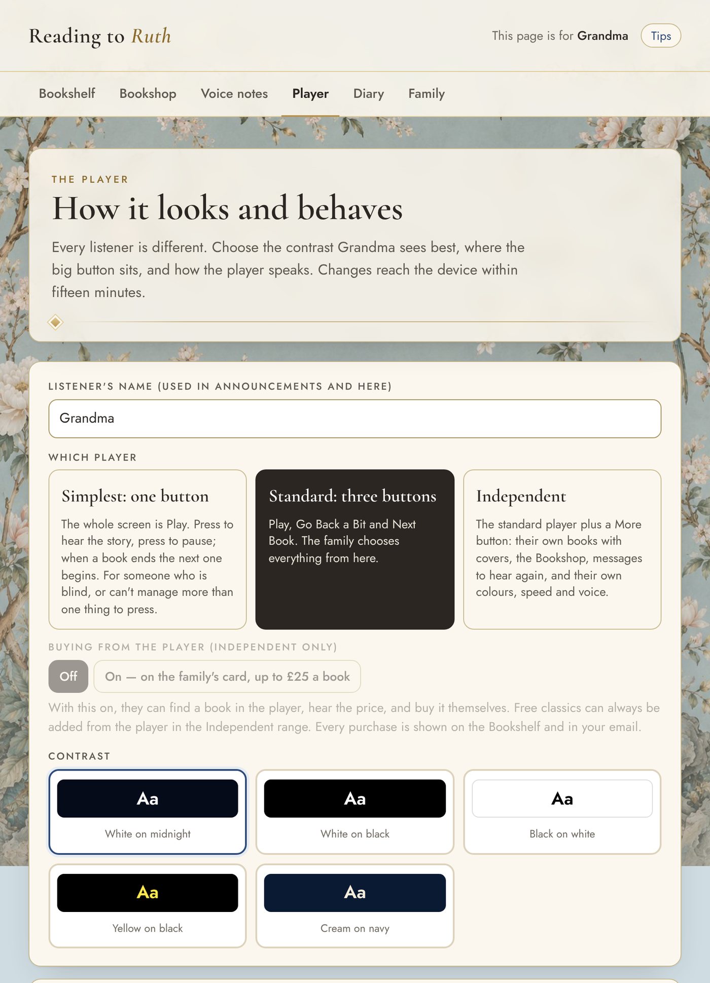 The Player tab: a choice of Simplest, Standard or Independent player, and five contrast choices including white on midnight and yellow on black