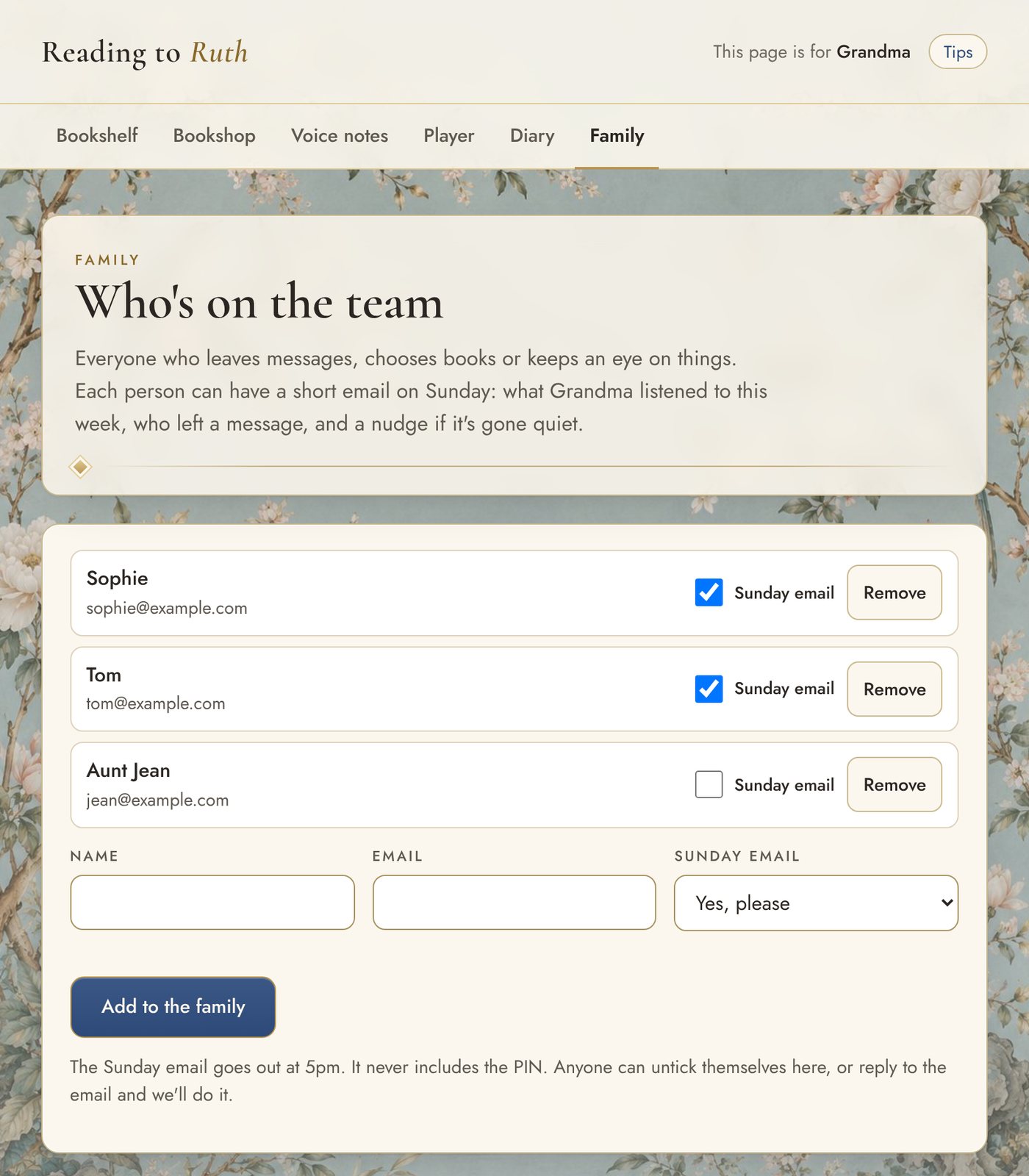 The Family tab: Sophie, Tom and Aunt Jean listed, each with a Sunday email tick box