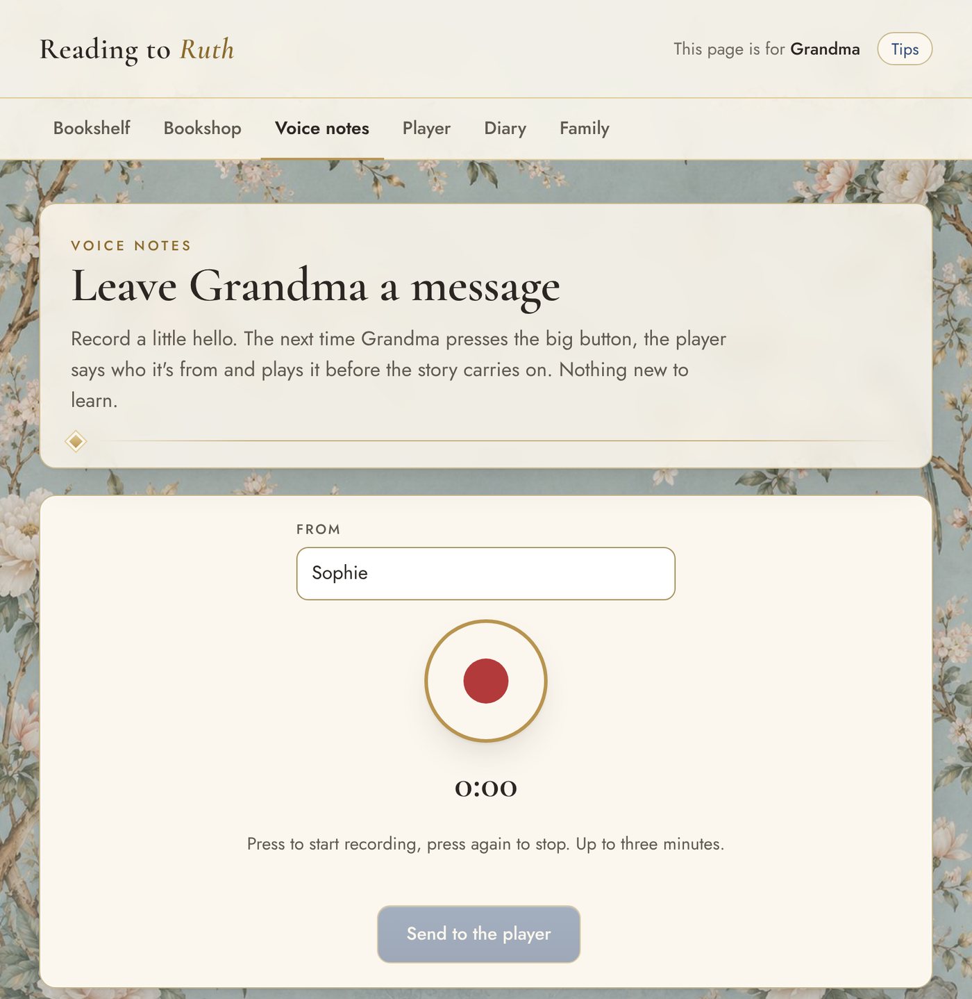 The Voice notes tab: a From box, a large red record button and a Send to the player button
